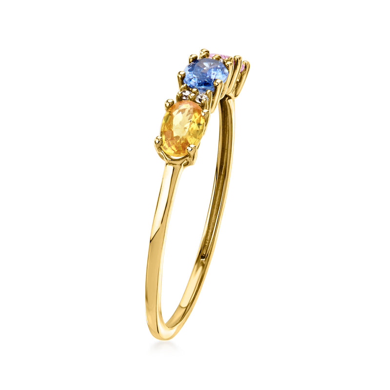 14kt yellow gold multicolor sapphire ring with oval blue and yellow stones on prongs