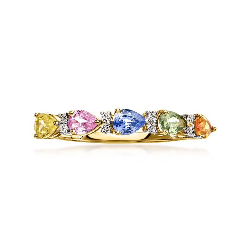 14kt yellow gold multi-sapphire ring with diamond accents, five colorful stones