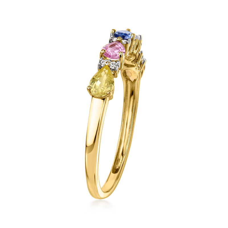 14kt yellow gold ring with prong-set multicolored sapphires and diamond accents