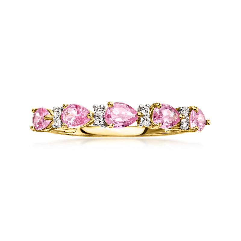 Yellow gold ring with pink oval sapphire stones and small diamond accents