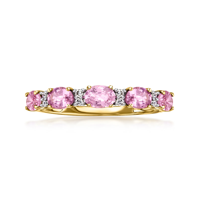 14kt yellow gold ring with pink oval sapphires and diamond accents