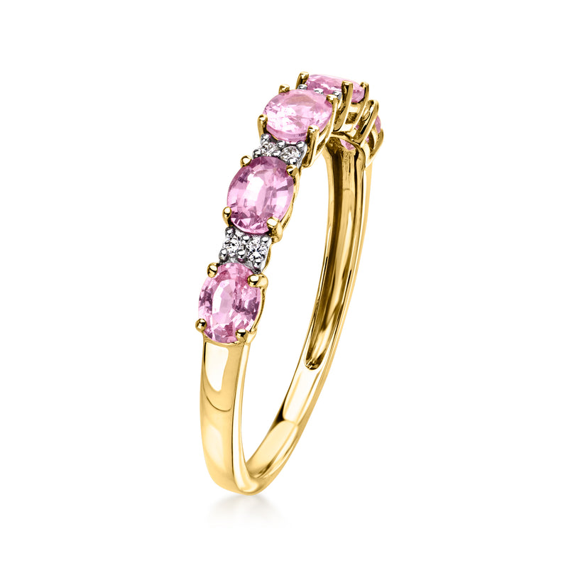 14kt yellow gold ring with three pink oval sapphires and diamond details