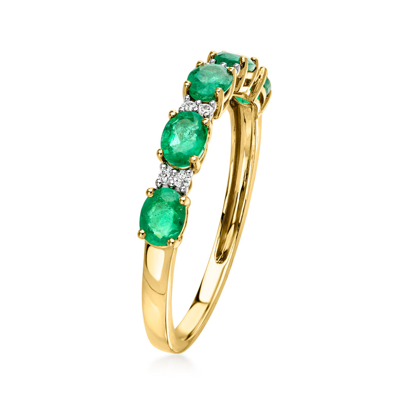 14kt yellow gold ring with three emerald green oval stones and small diamond accents
