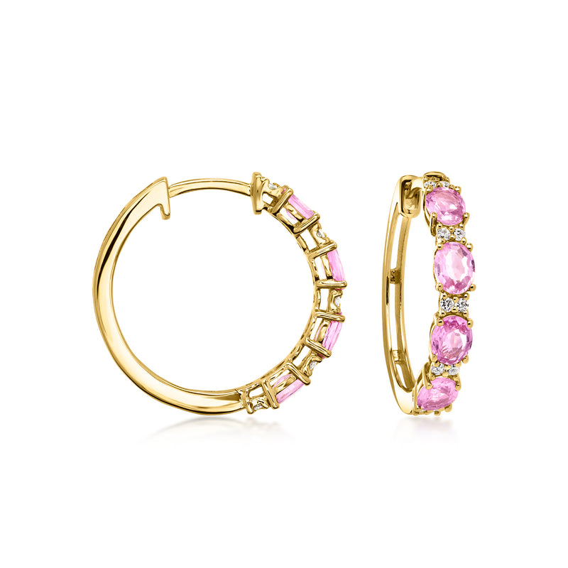 14kt yellow gold huggie hoop earrings with pink sapphires and diamond accents