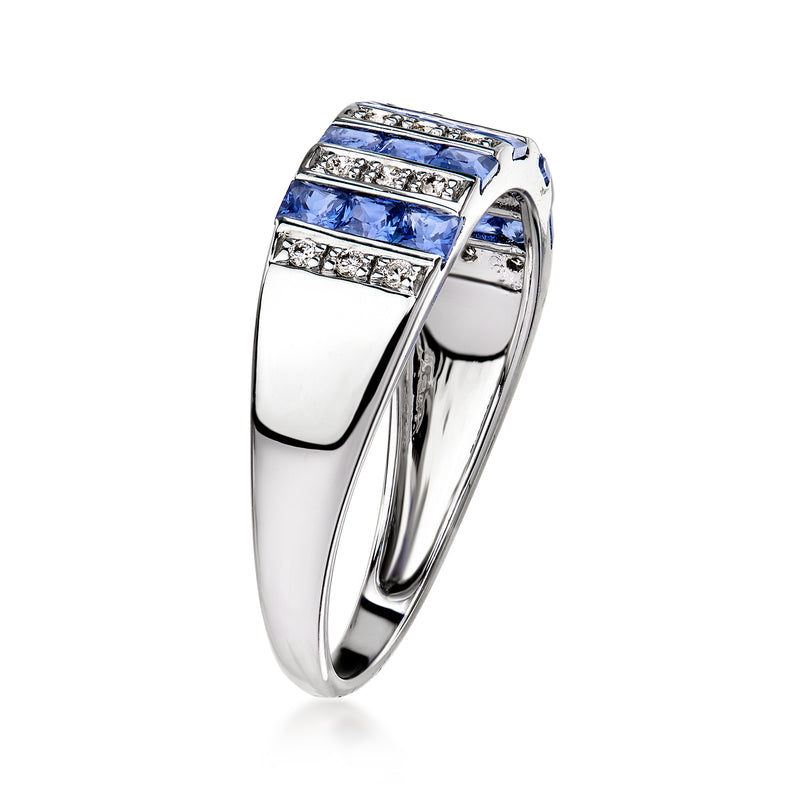 White gold ring with stacked blue sapphires and diamond rows