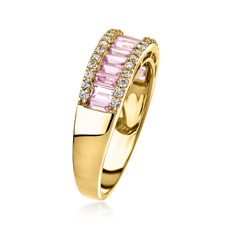 14kt yellow gold side view ring with pink baguette sapphire and diamond accents