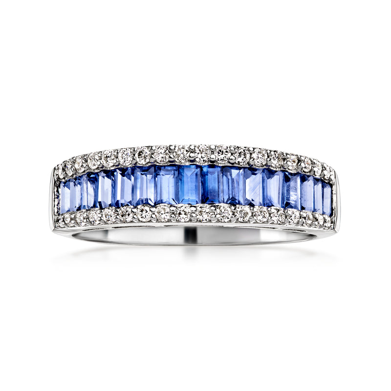 White gold sapphire and diamond band ring with blue baguette center stones
