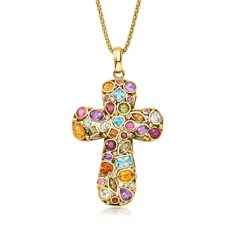 Gold cross pendant necklace with multicolor gemstones and diamond accents on yellow chain