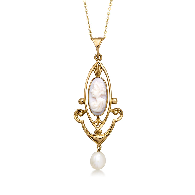 C. 1950 Vintage Orange Shell Cameo Pendant Necklace with Cultured Pearl in 10kt Yellow Gold. 18"