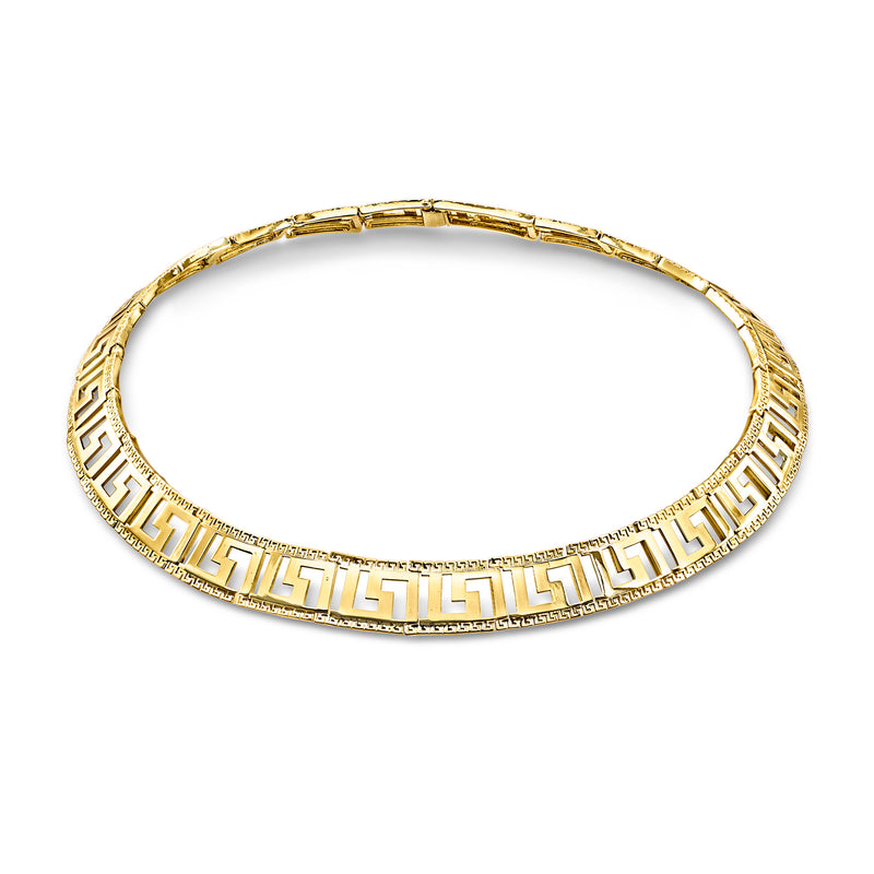 Gold-plated Greek key collar necklace with wide segmented geometric pattern