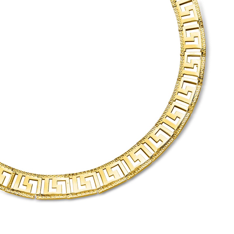 Gold-plated Greek key collar necklace detail with repeating square meander design