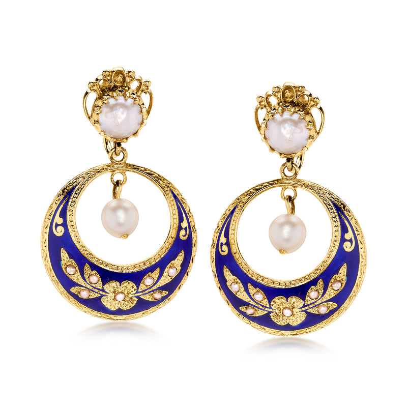 Vintage pearl and blue enamel drop clip earrings in 14kt yellow gold, blue circular drops