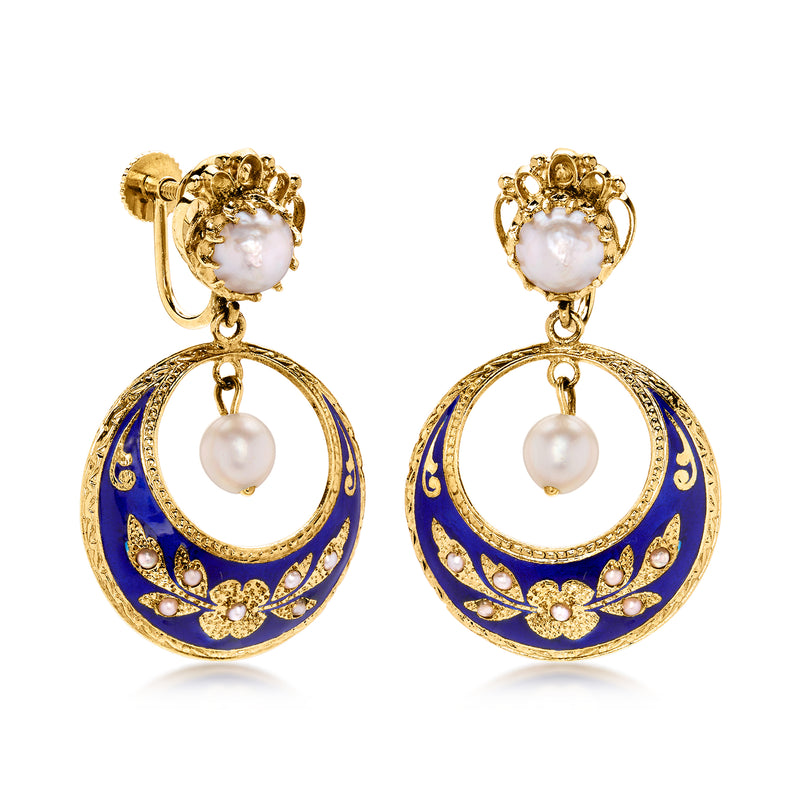 Vintage pearl and blue enamel drop clip earrings, 14kt yellow gold with hanging pearl