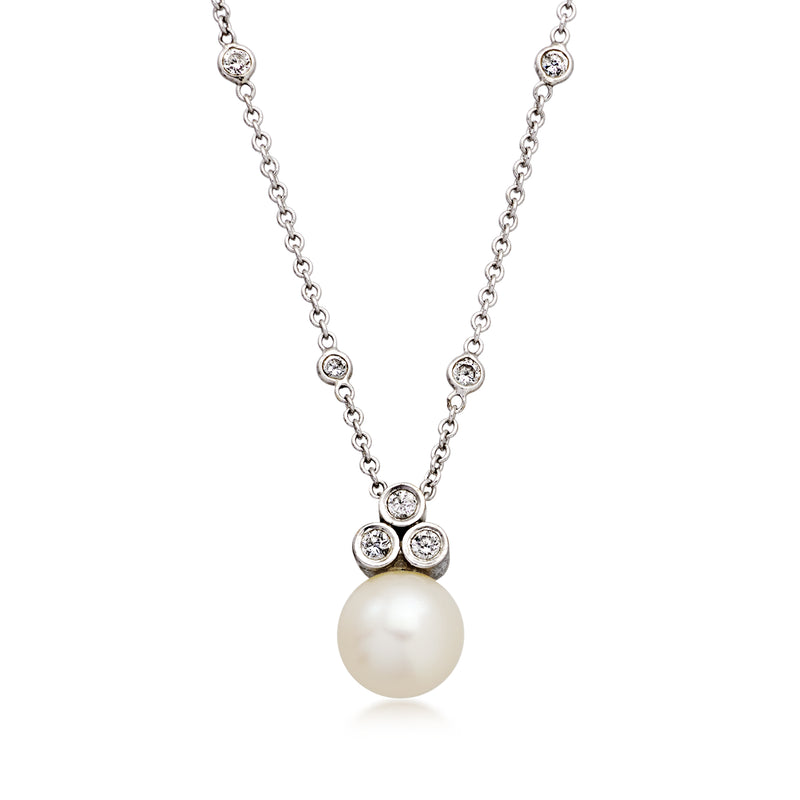 Cultured pearl necklace with diamond-accented pendant and silver-toned chain