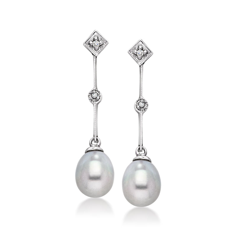 Vintage drop earrings with gray cultured pearl drops and diamond accents in white gold