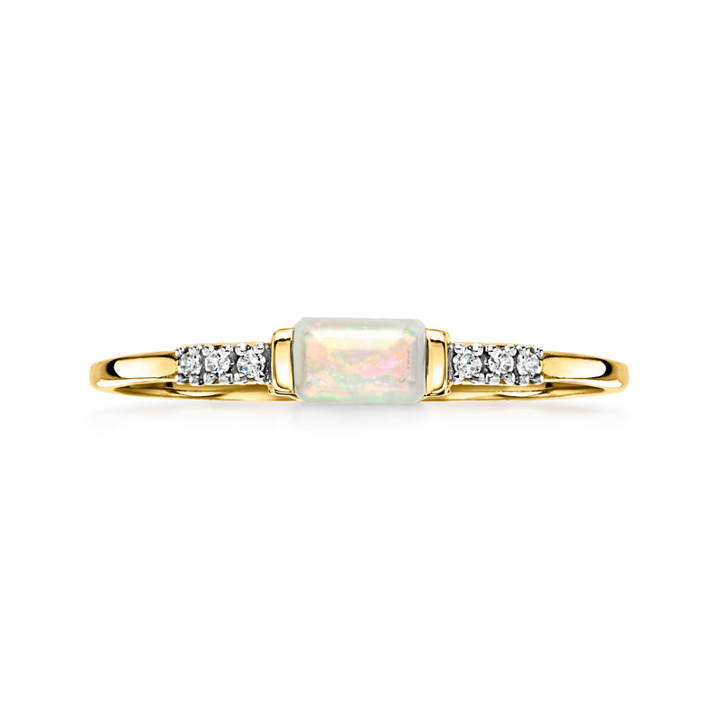10kt yellow gold opal ring with diamond side stones and prong-set center