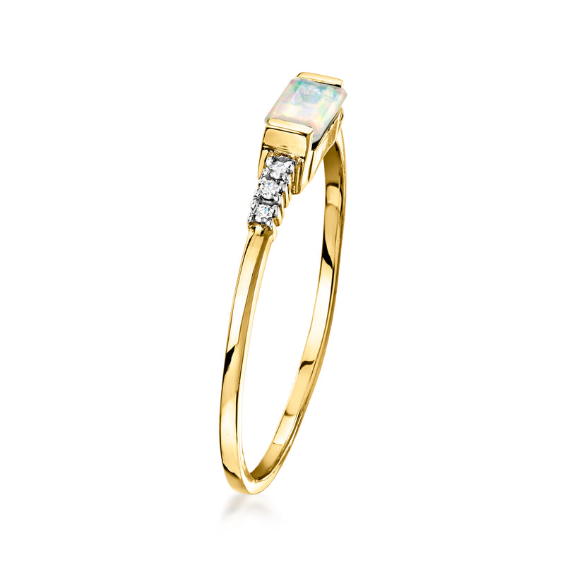 10kt yellow gold opal ring, prong-set opal center with diamond side accents