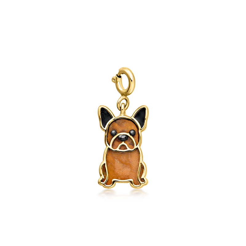 Gold French bulldog charm with brown enamel face and black enamel ears