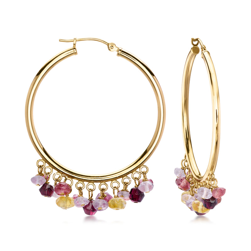 14kt yellow gold hoop earrings with pink, purple, and yellow gemstone bead fringe