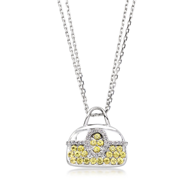 Gold purse-shaped pendant necklace with yellow gemstone accents and diamond details