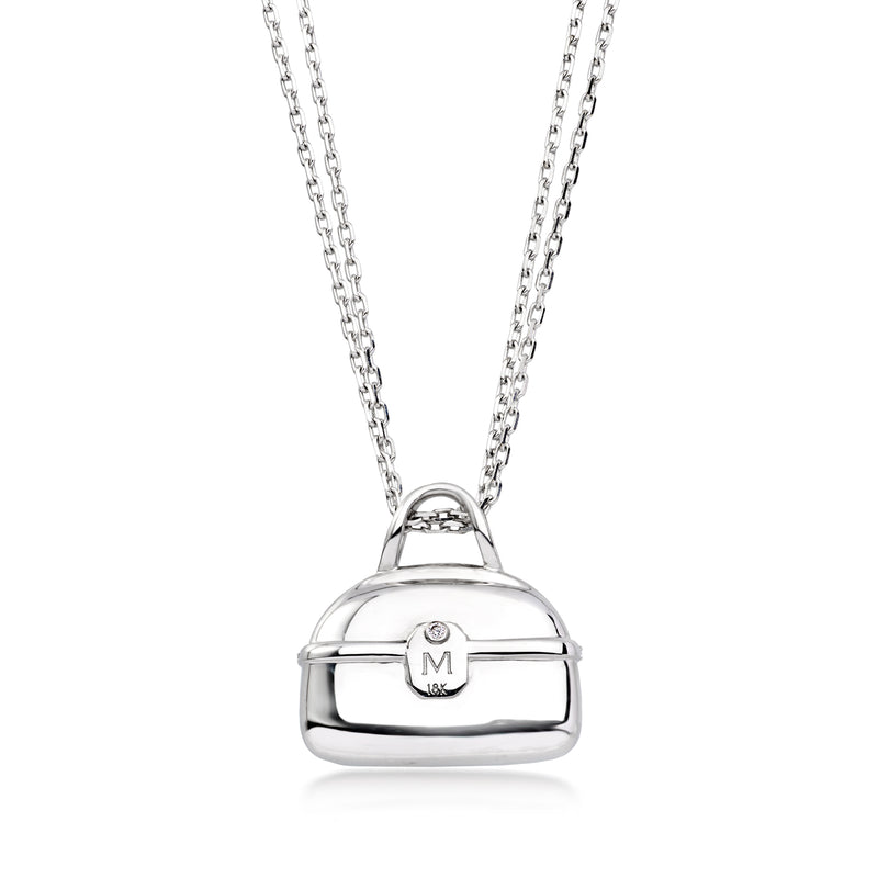 White gold purse pendant necklace with clasp front and small diamond accents