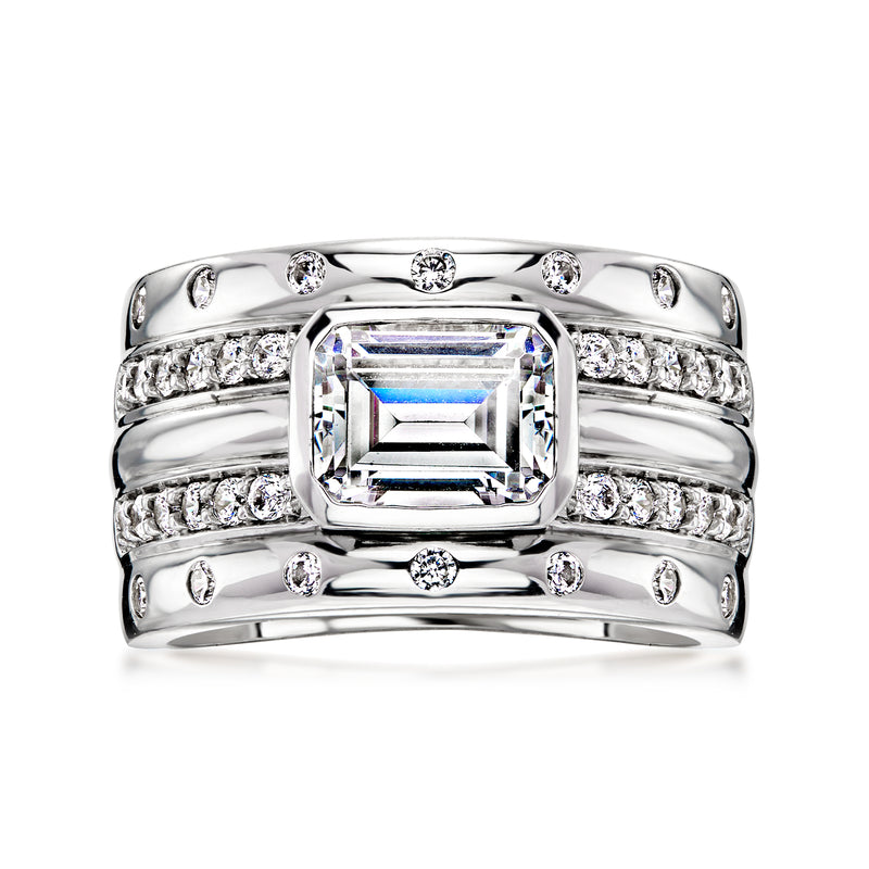 Rhodium-plated rectangular CZ halo ring with round stone bands