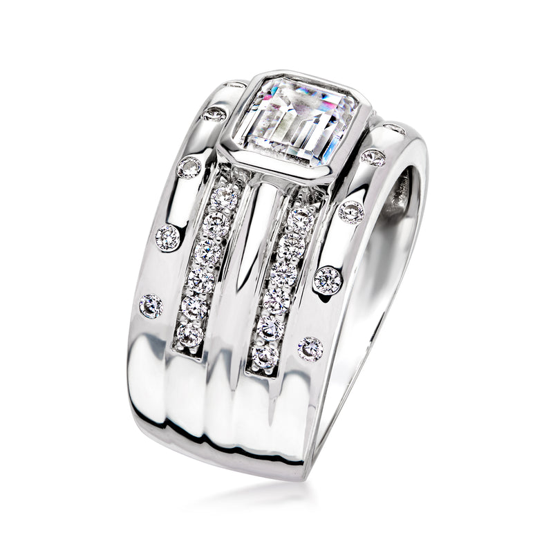Rhodium-plated ring with princess-cut CZ center and tapered side stones