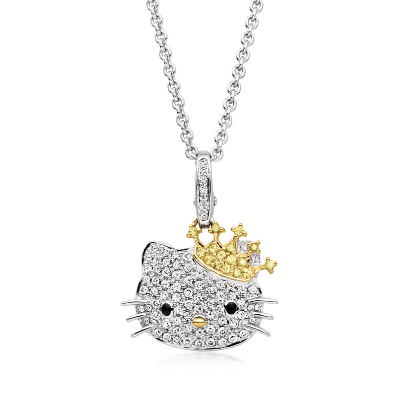 Two-tone cat face pendant necklace with diamond sparkle and gold crown accents