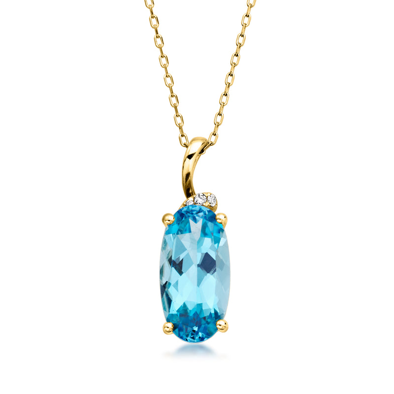 Oval blue topaz pendant necklace in 14kt yellow gold with diamond accents, gold chain
