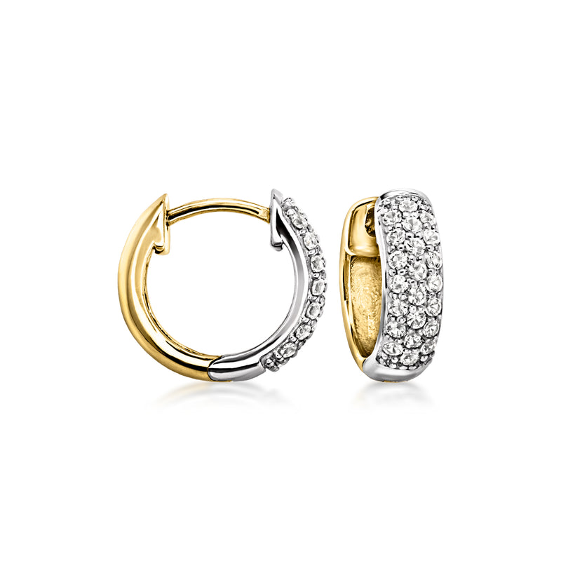 Huggie hoop earrings in sterling silver and gold over sterling with white topaz