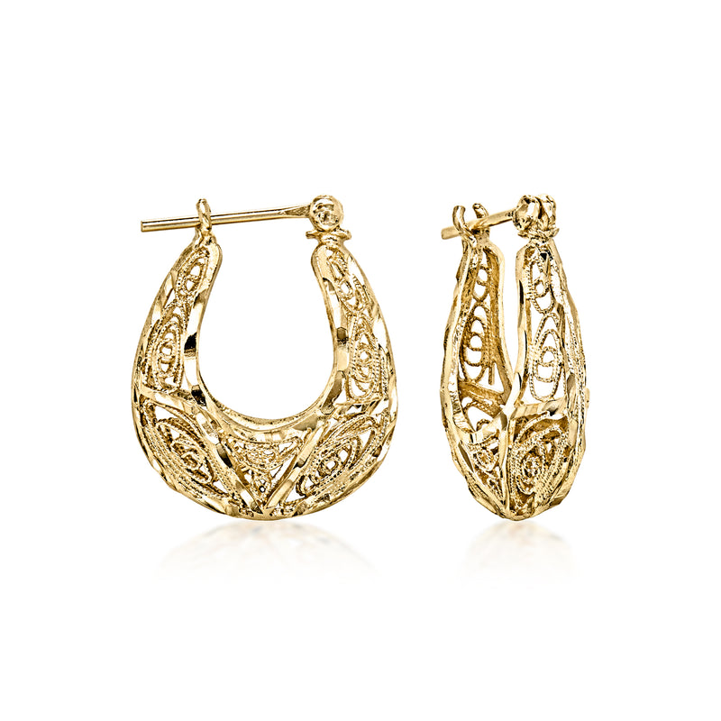 14kt yellow gold openwork U-hoop earrings with filigree texture