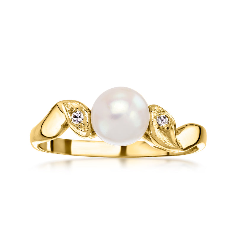 C. 1980 Vintage 6mm Cultured Pearl Ring with Diamonds in 14kt Yellow Gold. Size 7
