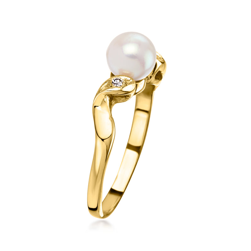 C. 1980 Vintage 6mm Cultured Pearl Ring with Diamonds in 14kt Yellow Gold. Size 7