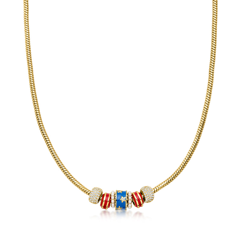 Gold-plated bead charm necklace with red, blue, and white enamel accents and pearls