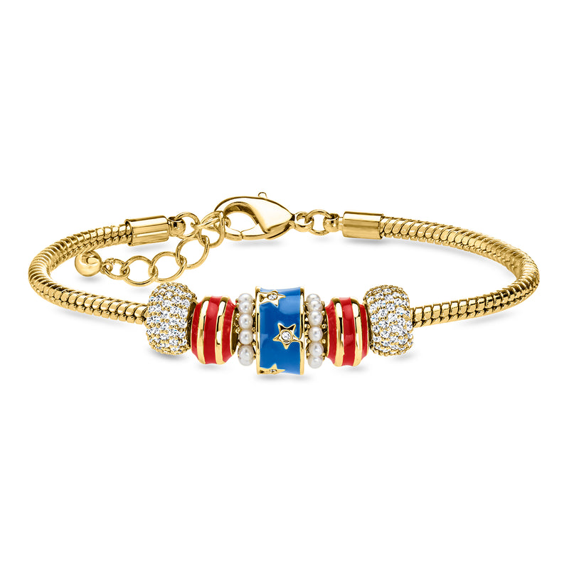 Gold-tone bead charm bracelet with blue star center, red/white enamel spacers, round clear beads