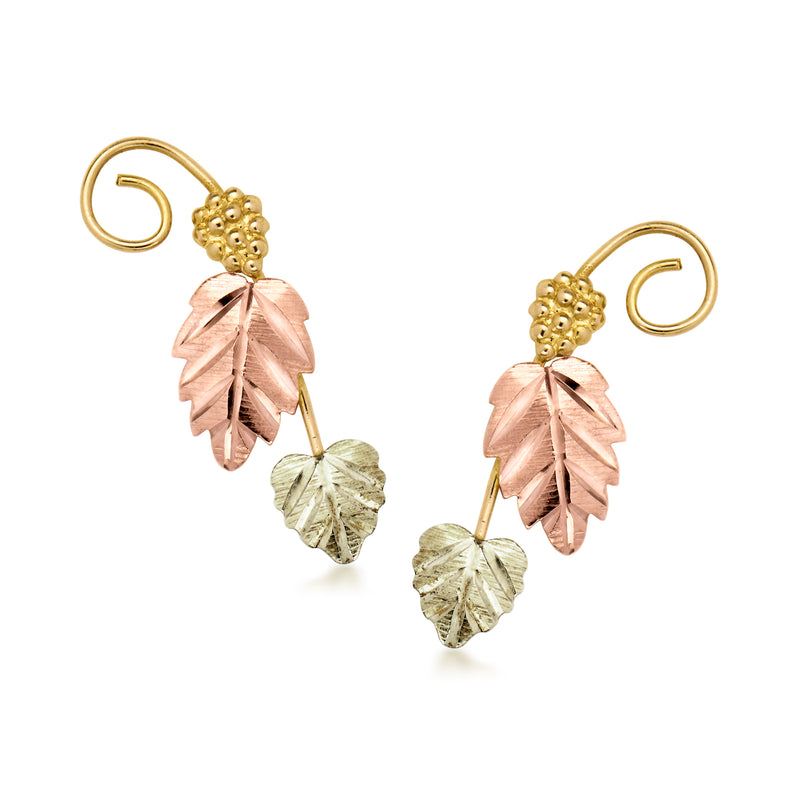 Tri-colored leaf drop earrings with textured gold caps and rose/green leaf dangles