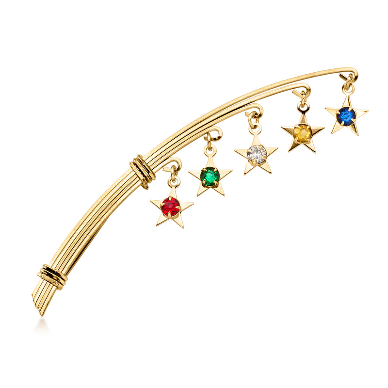 Gold-tone vintage shooting stars pin with multicolor simulated gems and star pendants