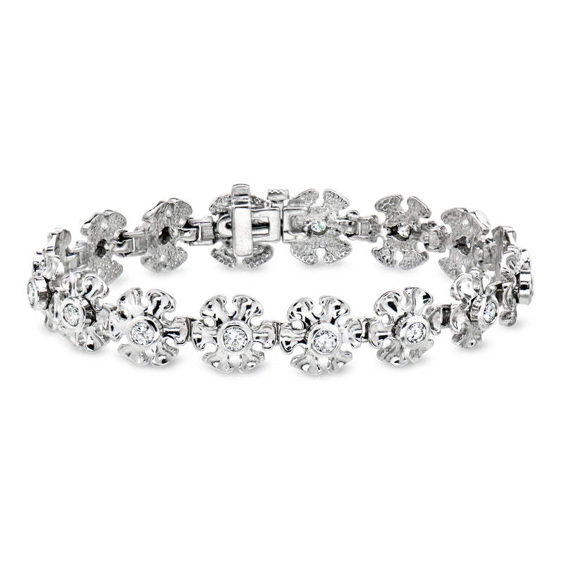 14kt white gold diamond flower-link bracelet with clasp, sparkling round stones.