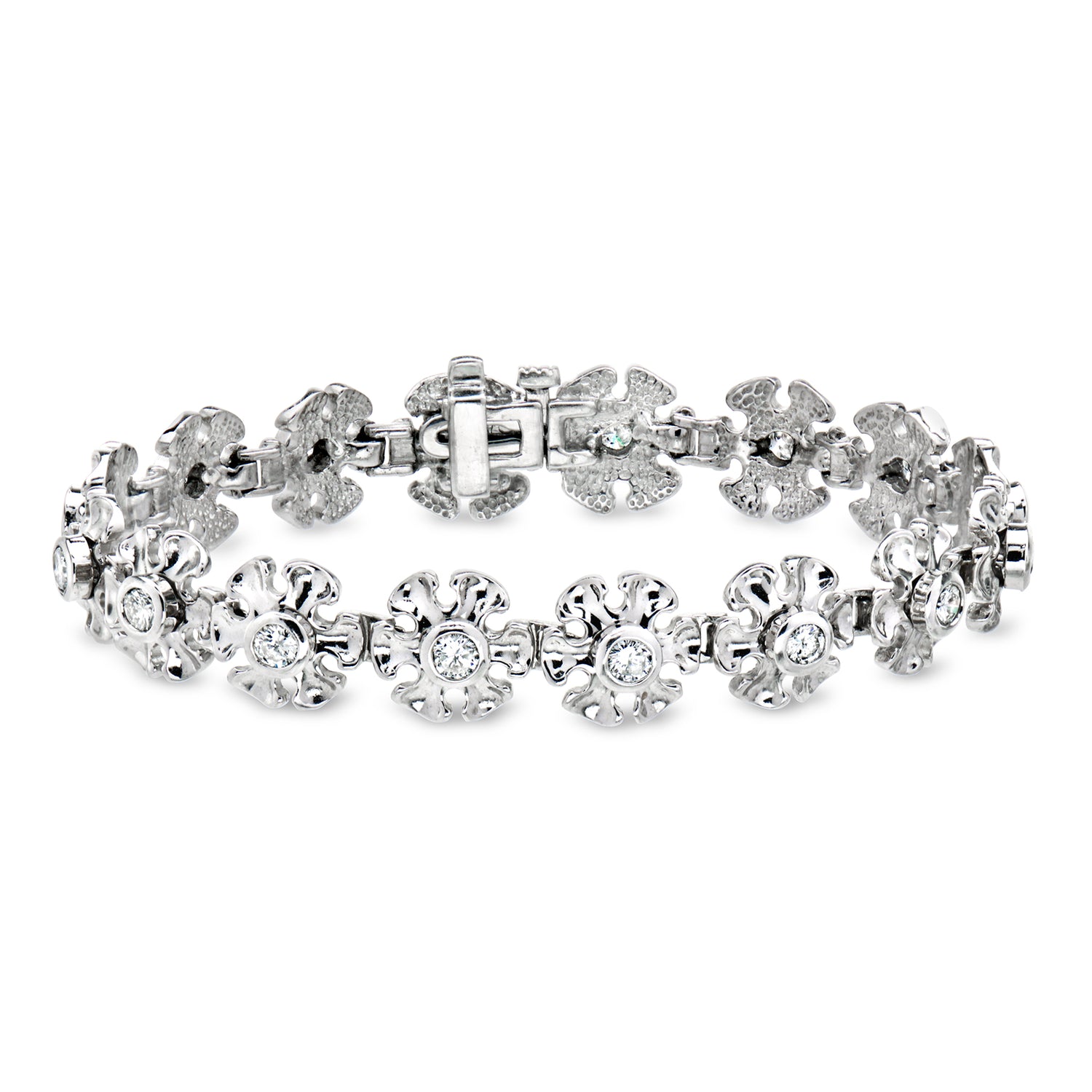 C. 1990 Vintage 1.70 ct. t.w. Diamond Flower-Link Bracelet in 14kt White Gold