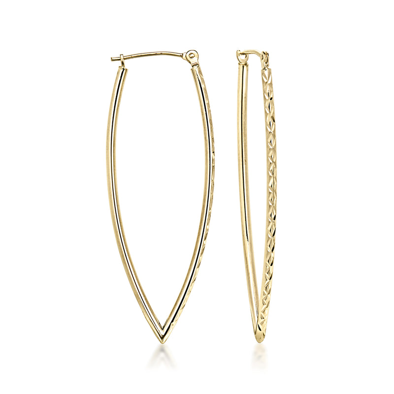 V-shaped yellow gold hoop earrings with open top and tapered V bottom
