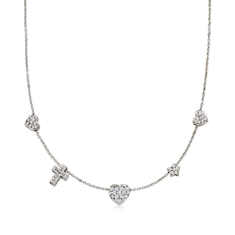 14kt white gold diamond heart, cross, and star station necklace with link chain