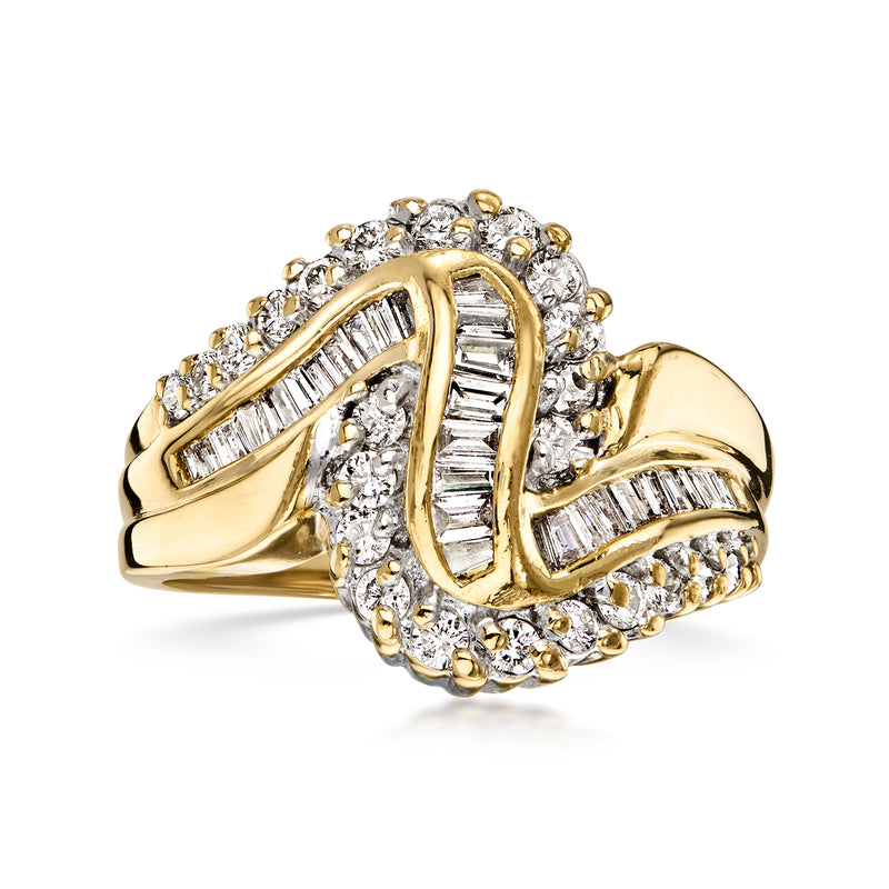 14kt yellow gold swirl ring with round diamond halo and baguette diamond center