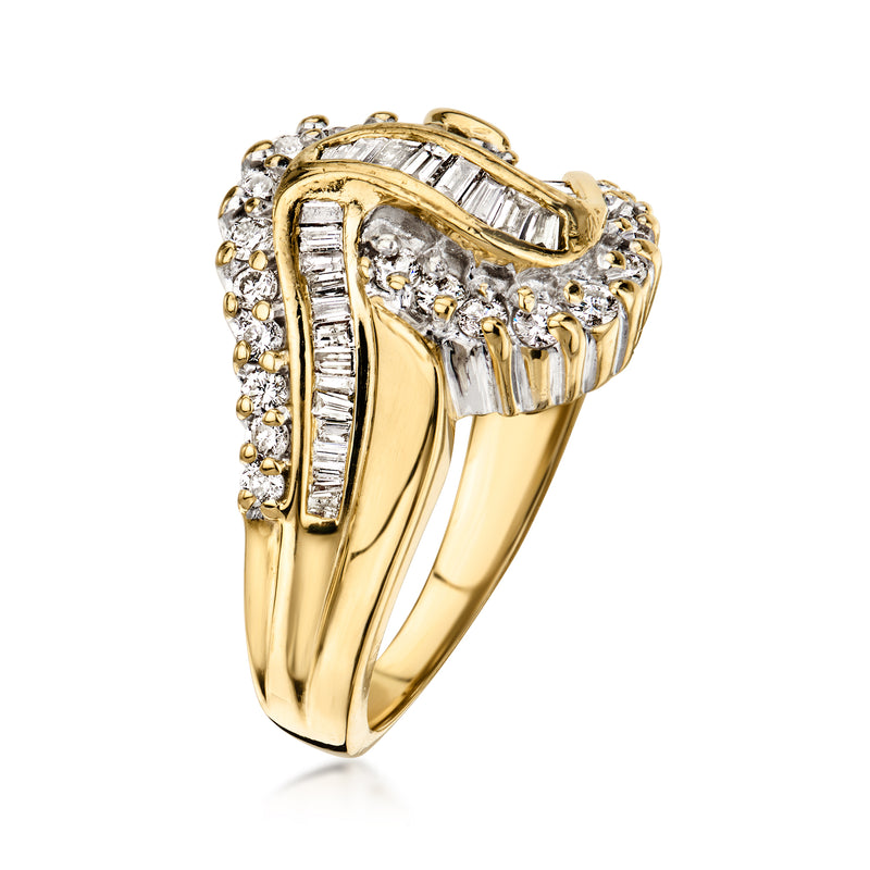 Vintage diamond swirl ring in 14kt yellow gold with baguette and round diamonds