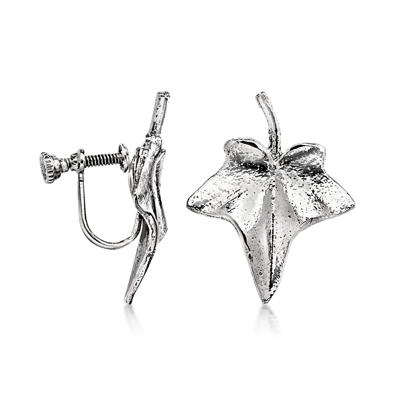 Sterling silver leaf clip earrings with textured leaf front and hinged clip back