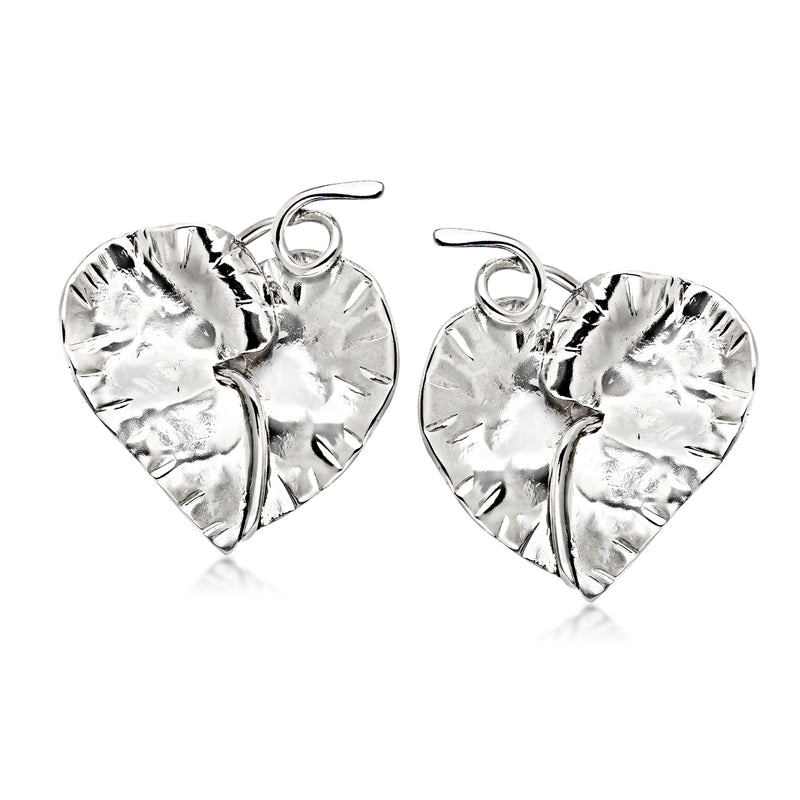 Vintage sterling silver heart leaf clip earrings with hammered texture