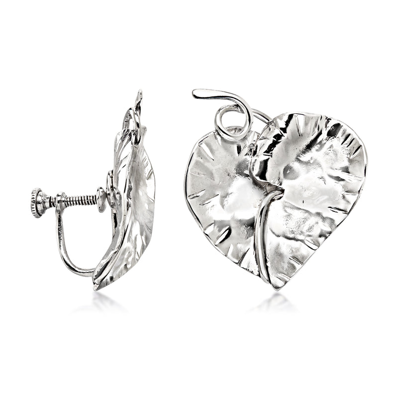 Sterling silver heart leaf clip earrings, side view with hinged back closure