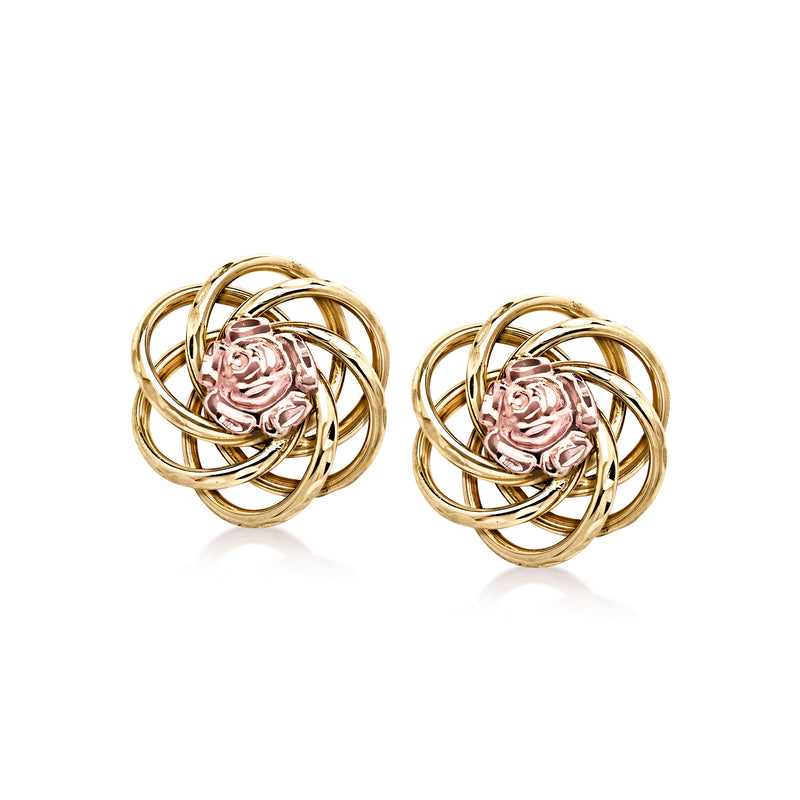 Two-tone gold knot stud earrings with pink rose centerpiece