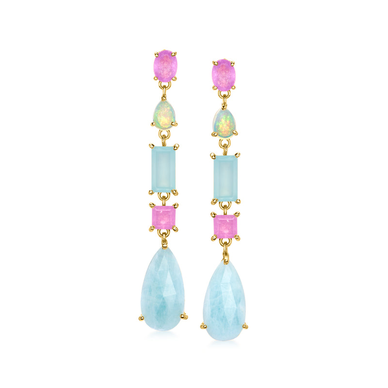 Gold-tone multi-gem drop earrings with purple, green, and light blue gemstone drops