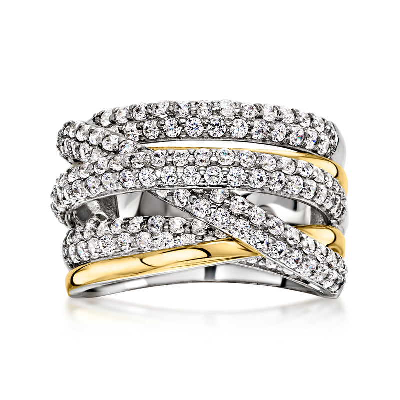 Silver and gold-plated crisscross ring with pave CZ stones