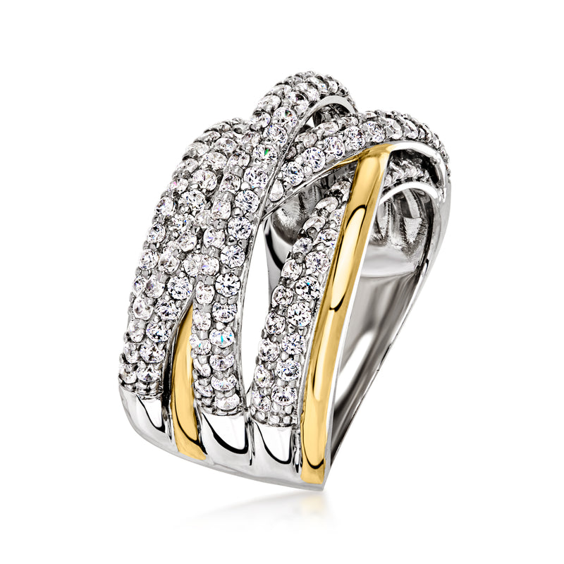 Silver and 14kt gold-plated ring with clustered CZ stones